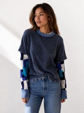 We The Free Washed Navy Crewneck Sweater with Geometric Blue Block Sleeves